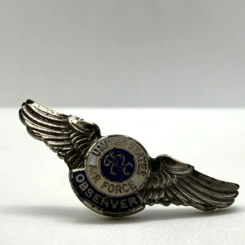 Vintage USAF Ground Observer Corps Blue Enamel Silver Tone Wing Pin Insignia